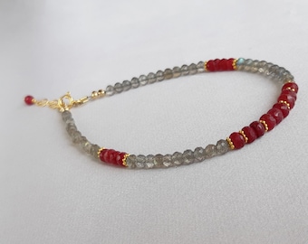 Ruby and labradorite bracelet, July birthstone, red gemstone, labradorite jewelry, , gift for women