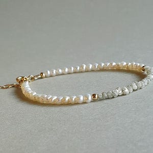 Pearl and diamond bracelet, raw gray diamonds jewelry, April birthstone, gift for her