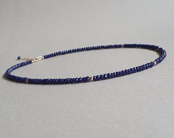 Gold sapphire necklace, September birthstone, blue sapphire jewelry, gift for her, precious blue gemstone