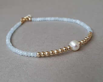 Pearl and aquamarine bracelet, gift for women, March birthstone, aquamarine jewelry, gold bracelet