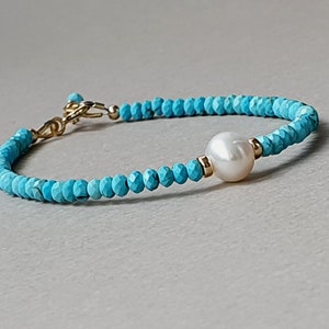 Turquoise Rondelle Bracelet: Pearl Accent, Gold Filled
