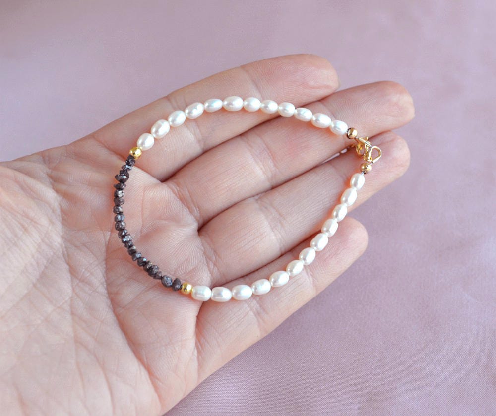 Pearl and diamond bracelet raw black diamonds jewelry April | Etsy