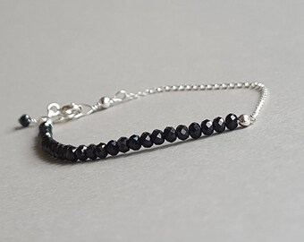 Black spinel bracelet, sterling silver chain, stacking jewelry, gift for her