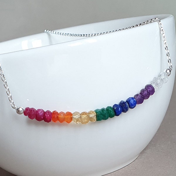 7 chakra necklace, healing jewelry, sterling silver, rainbow gemstone, meditation necklace