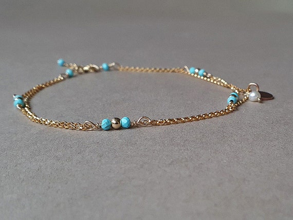 Turquoise Ankle Bracelet: Gold Filled Layered Chain Anklet with Pearl