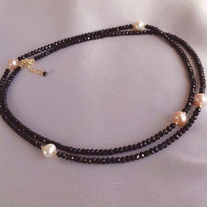 Black spinel necklace, long black gemstone necklace, black spinel and pearls, gift for her