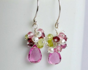 Pink quartz earrings, pink cluster earrings, delicate earrings, silver wire wrapped earrings, Valentine's day gift