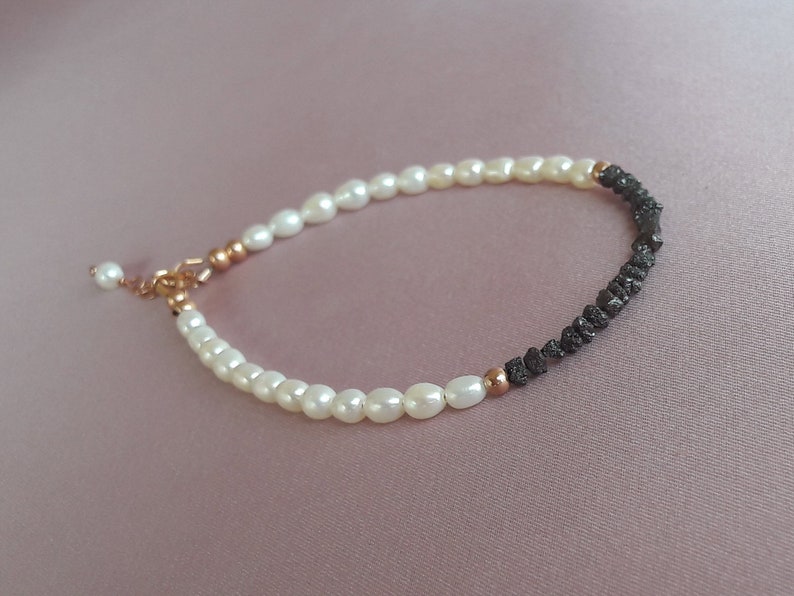gift for her April birthstone Pearl and diamond bracelet raw black diamonds jewelry