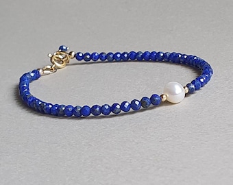 Lapis lazuli bracelet, blue gemstone jewelry  navy style bracelet, cultured pearl, gift for her