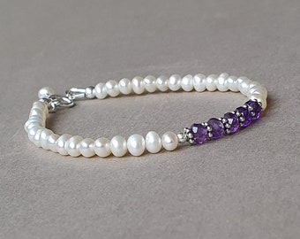 Pearl and amethyst bracelet, gold and purple bracelet, gift for her, pearl jewelry, June or February birthstone