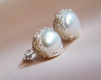 Pearl stud earrings, sterling silver bridesmaid gift, June birthstone