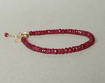 Gold ruby bracelet, precious red gemstone, July birthstone, initial bracelet , personalized gift for women