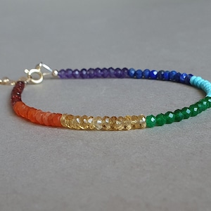 Può includere: Un braccialetto di perline colorate, con una transizione dal rosso al viola. Il braccialetto è composto da piccole pietre preziose sfaccettate, con una chiusura e una catena dorate.