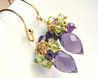 Amethyst peridot cluster earrings, February birthstone, delicious colors