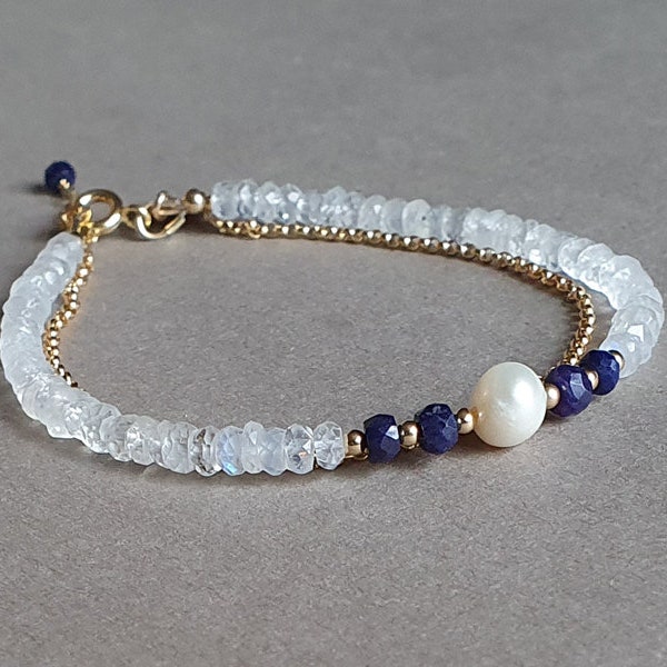 Moonstone and sapphire bracelet, gold hand stamped initial jewelry, personalized gift for women, cultured pearl, June birthstone