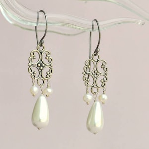 Bridal pearl chandelier earrings, oxidized sterling silver jewelry