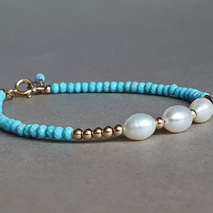 Turquoise and pearl bracelet, December birthday gift,  turquoise jewelry, gift for women, throat chakra