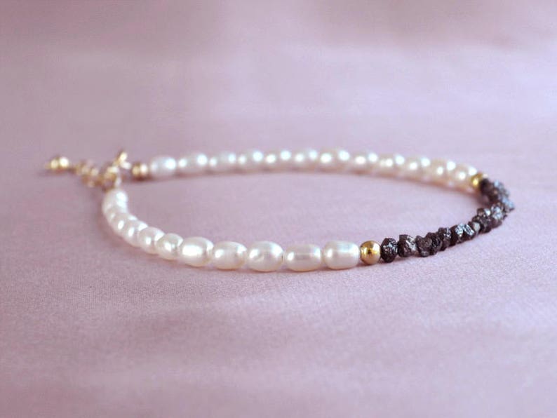 gift for her April birthstone Pearl and diamond bracelet raw black diamonds jewelry