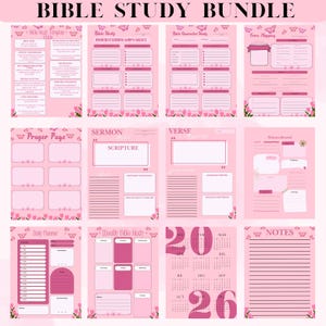 Könnte beinhalten: Ein druckbares Bibelstudien-Paket mit rosa und weißen floralen Akzenten. Das Paket enthält Seiten für Gebet, Predigtnotizen, Verszuordnung, ein Vision Board, einen Tagesplaner, ein monatliches Bibelstudium und einen Kalender für 2023.