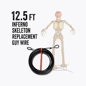May include: A 12.5 ft black guy wire coiled in a circle and secured with an orange zip tie, intended for an inferno skeleton. The text 12.5 FT INFERNO SKELETON REPLACEMENT GUY WIRE is printed in black next to a faint image of a pumpkin-headed skeleton.