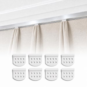 May include: A set of eight white plastic curtain gliders, each featuring a rounded bottom edge and two rows of four small circular holes. These hardware components are designed to slide along a metal curtain track, as shown in the background.