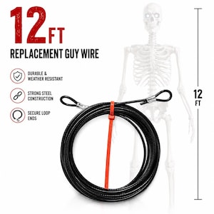 Può includere: Un cavo di ancoraggio di ricambio in acciaio nero da 12 piedi, avvolto in un cerchio e fissato con una fascetta arancione. Il cavo presenta due estremità ad anello in metallo. Il testo recita 12 FT REPLACEMENT GUY WIRE, DURABLE & WEATHER RESISTANT, STRONG STEEL CONSTRUCTION, SECURE LOOP ENDS.
