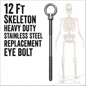 Może przedstawiać: Wytrzymała śruba oczkowa ze stali nierdzewnej z oznaczeniem 304, obok 12-stopowego szkieletu. Tekst głosi: 12 FT SKELETON HEAVY DUTY STAINLESS STEEL REPLACEMENT EYE BOLT. Metalowa śruba posiada długi gwintowany trzpień oraz okrągłą górną część.