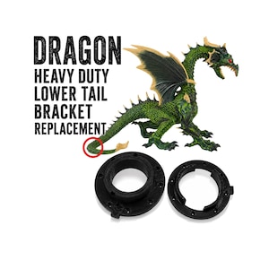 May include: A green dragon figurine with red eyes and black-tipped wings, accompanied by two black circular mounting brackets. Text reads: DRAGON HEAVY DUTY LOWER TAIL BRACKET REPLACEMENT. A red circle highlights the dragon's lower tail section.