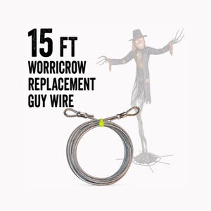 May include: A 15 ft Worricrow replacement guy wire coiled into a circle, secured with a bright neon yellow zip tie. The metal cable features two looped ends with silver-colored metal crimps. The text 15 FT WORRICROW REPLACEMENT GUY WIRE is visible.