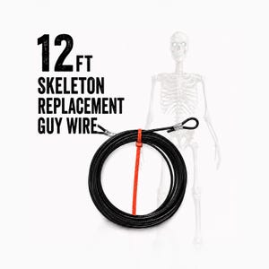 May include: A 12 ft black replacement guy wire for a skeleton, coiled and secured with a bright orange zip tie. The wire features metal loop ends. The text 12 FT SKELETON REPLACEMENT GUY WIRE is printed in black next to a faint outline of a skeleton.