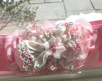 Pink Chiffon Flower cinch belt Wide elastic stretch corset belt