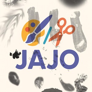May include: A graphic design featuring the word JAJO in bold blue letters. Above the text is a yellow artist palette with a blue paintbrush, a light blue pencil, and orange scissors. The background contains various gray ink-like brush strokes.