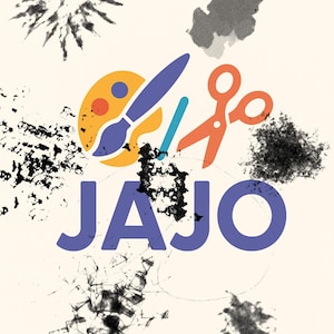 May include: A graphic design featuring the word JAJO in bold purple letters. Above the text is a yellow paint palette with a blue paintbrush, a light blue pencil, and orange scissors. The background includes various black ink-like splatters.