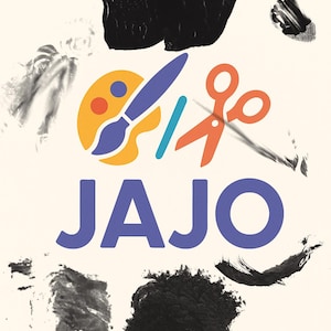 May include: A graphic design featuring the word JAJO in large blue letters. Above the text is a yellow artist palette with a blue paintbrush, a light blue pencil, and orange scissors. The background contains several black paint brush strokes.