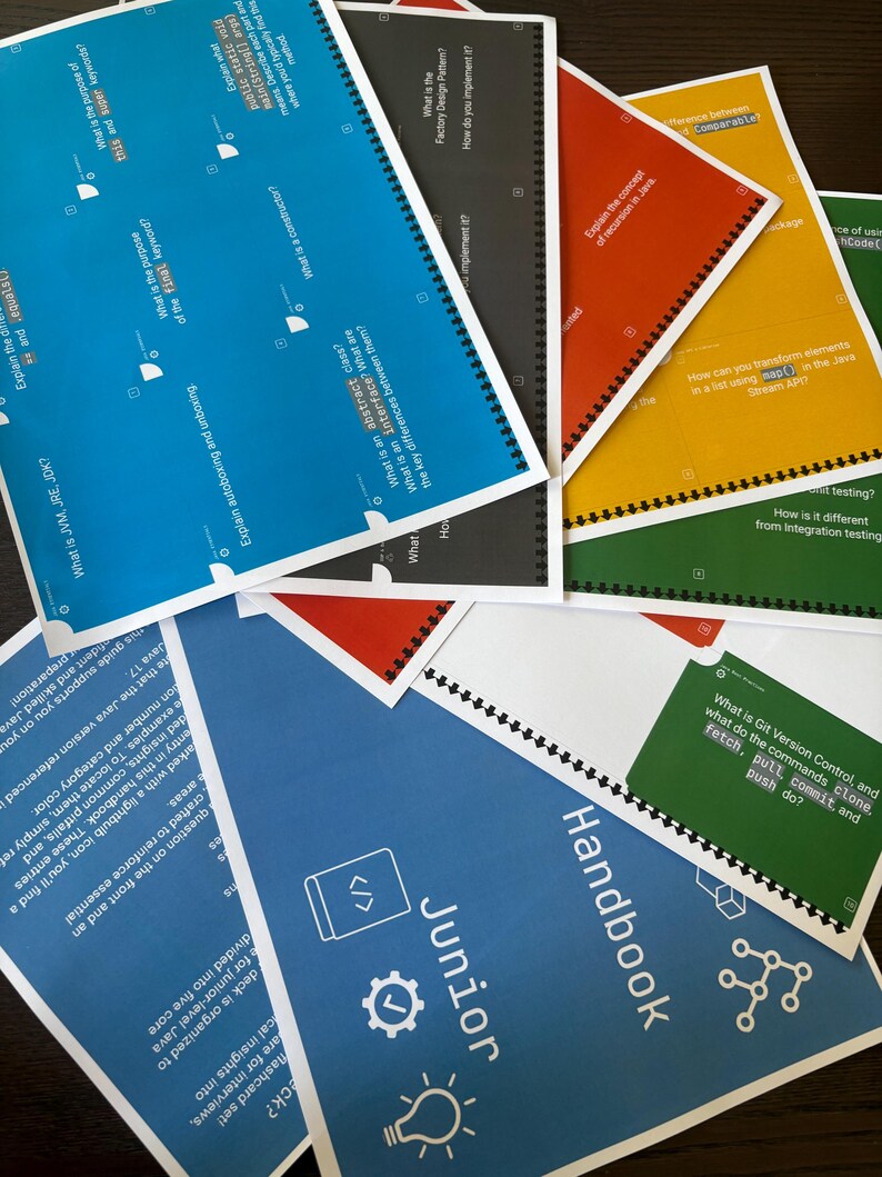 Puede incluir: Un conjunto de tarjetas did&aacute;cticas coloridas, encuadernadas con espiral negra, con texto y diagramas. Las tarjetas son azules, rojas, amarillas, verdes y negras, con el t&iacute;tulo "Junior Handbook" visible en una tarjeta azul. Las tarjetas son para entrevistas Java.