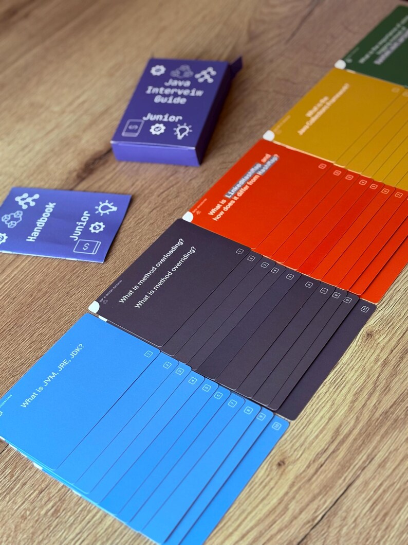 Puede incluir: Un conjunto de tarjetas y una peque&ntilde;a caja sobre una superficie de madera. La caja es morada y lleva la etiqueta "Java Interview Guide Junior". Las tarjetas son azules, rojas, amarillas y negras, con texto como "What is JVM, JRE, JDK?"