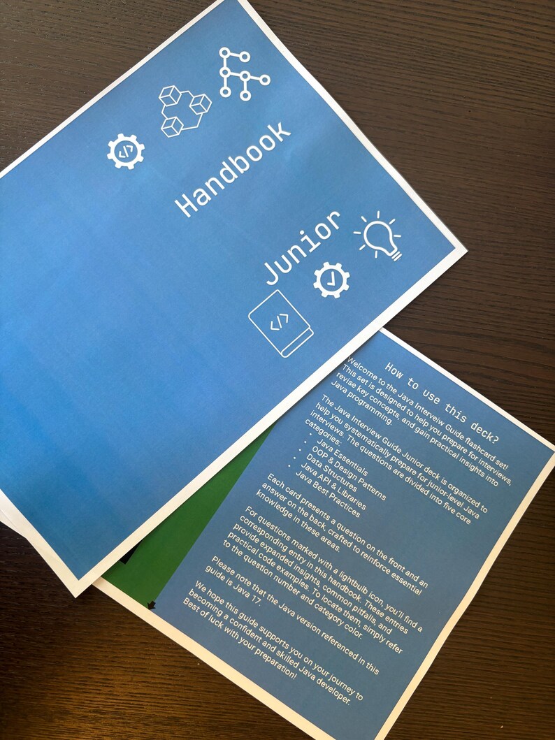 Puede incluir: Dos manuales azules con texto y gr&aacute;ficos blancos. El manual superior dice "Handbook Junior" con iconos. El segundo manual tiene texto sobre la preparaci&oacute;n de entrevistas de Java, incluyendo categor&iacute;as.