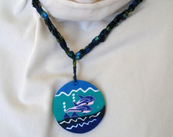 Textile Necklace with Clay Dolphin Pendant - Fiber Jewelry - Embellished Clay Pendant