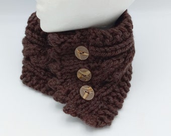 Hand Knit Wool Blend Neckwarmer, Cowl or Collar With Designer Buttons, Dark Brown 3 Button Knit Neck Warmer, Ladies Winter Fashion Accessory