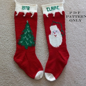 May include: Two red knitted Christmas stockings with white cuffs. One stocking has a green Christmas tree design and the year 1978 embroidered on the cuff. The other stocking has a white Santa Claus design and the name "CLAIRE" embroidered on the cuff.