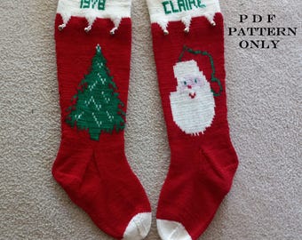 May include: Two red knitted Christmas stockings with white cuffs. One stocking has a green Christmas tree design and the year 1978 embroidered on the cuff. The other stocking has a white Santa Claus design and the name "CLAIRE" embroidered on the cuff.