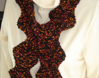 Geometric Hand Knit Scarf,  Unusual Shape, Black With Bright Multicolored  Confetti-like Accents