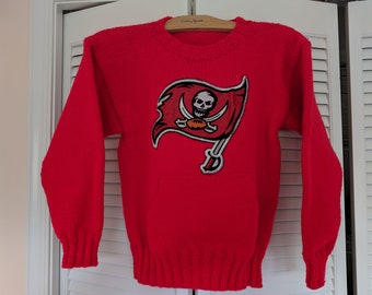 Unisex. Hand Knit Sweatshirt -Style Pullover - Long Sleeved Red Sweater, size S/M, Pirate Flag Logo - Women, Men, Teens