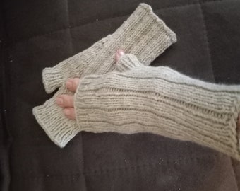 WOOL Fingerless Mitts, Gloves, or Hand Warmers - Women's Size L-XL Mitts - Ready to Ship Beige Fingerless Gloves with Thumbs and 2" Cuffs