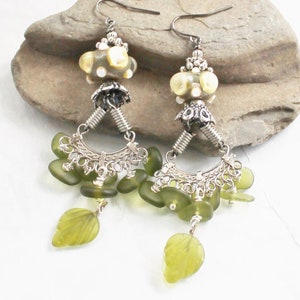 Olive Green Lampwork Chandelier Earrings | Artisan Boho Dangle Earrings | Long Elegant Statement Earrings Gift for Her | Destino!