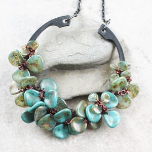 Teal Flower Necklace: Handmade Czech Glass Statement Choker