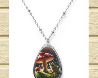 Necklace Frog and Mushroom Oval Pendant Goblincore Jewelry for Nature Lover Fairy Fantasy Gift Frog Lover Necklace Hermitcore Necklace