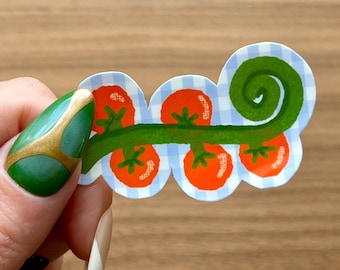 Tomato Sticker – Hand-Drawn Tomatoes on the Vine, Blue Gingham Background Glossy Vinyl Decal