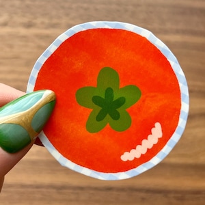 May include: A round sticker featuring a cartoon tomato. The tomato is bright red with a green star-shaped top and a white, wavy line. The sticker has a light blue and white striped border.