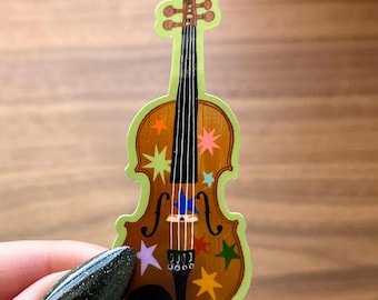 Violin Sticker – Hand-Drawn Instrument with Colorful Stars, Glossy Vinyl Decal